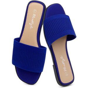 Women’s Blue Knit Slip On Memory Foam Square Open Toe Band Flat Slides Sandals